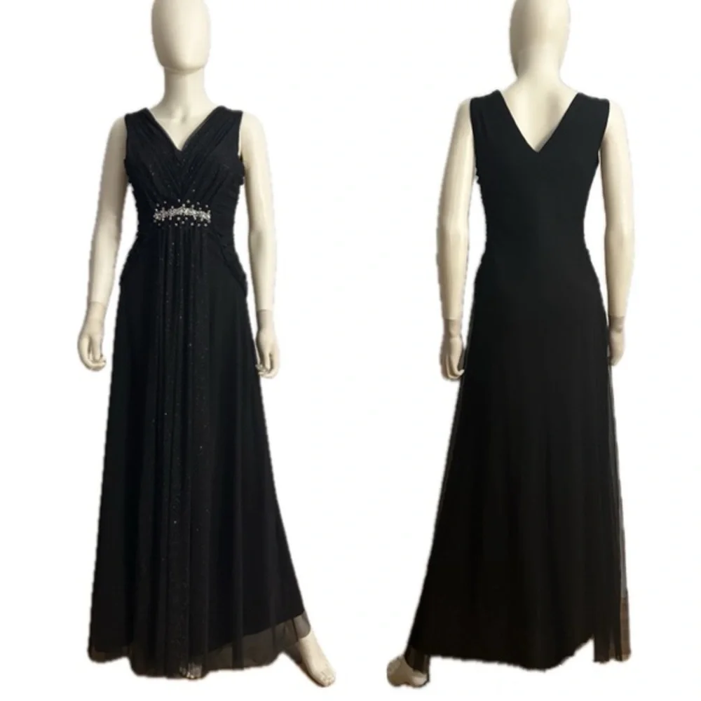 NWT A-Line Formal Maxi Dress‎ Sleeveless V-Neck Tulle Beaded Evening Gown Black